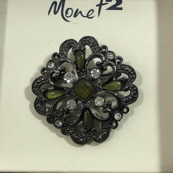 Monet2 Green Crystal and Bronze Pin Brooch - Picture 1 of 3